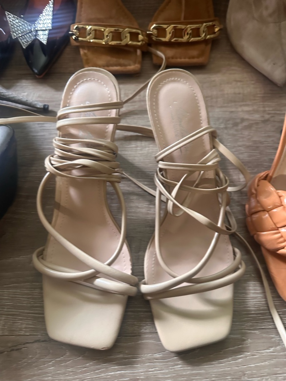 Strappy Square-Toe Lace-Up Sandals - Cream